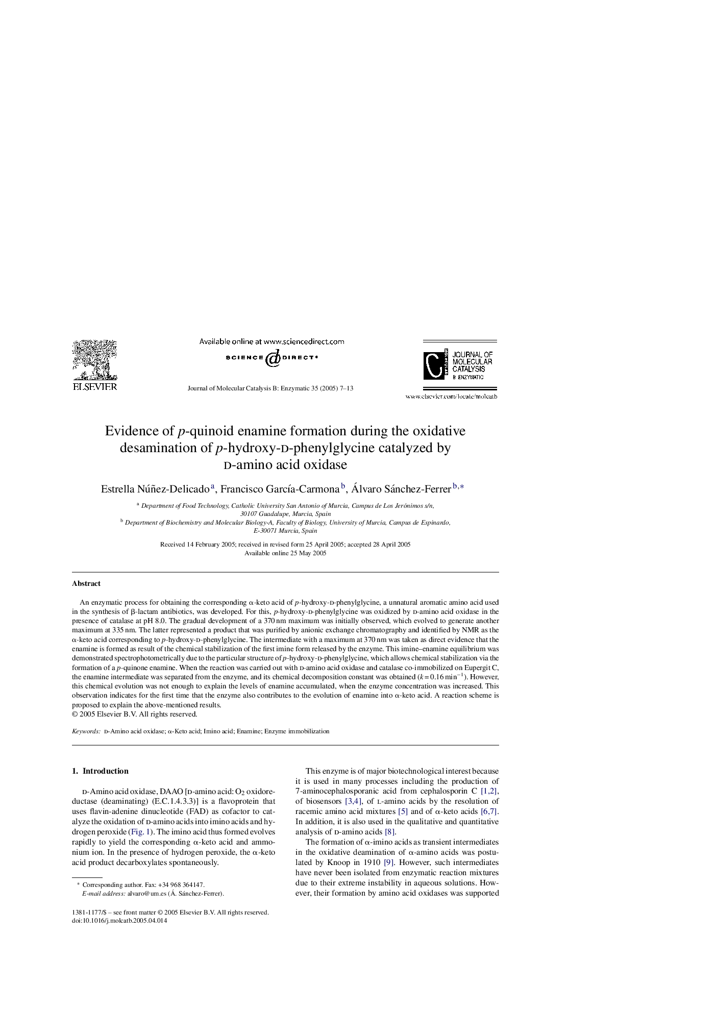 Evidence of p-quinoid enamine formation during the oxidative desamination of p-hydroxy-d-phenylglycine catalyzed by d-amino acid oxidase