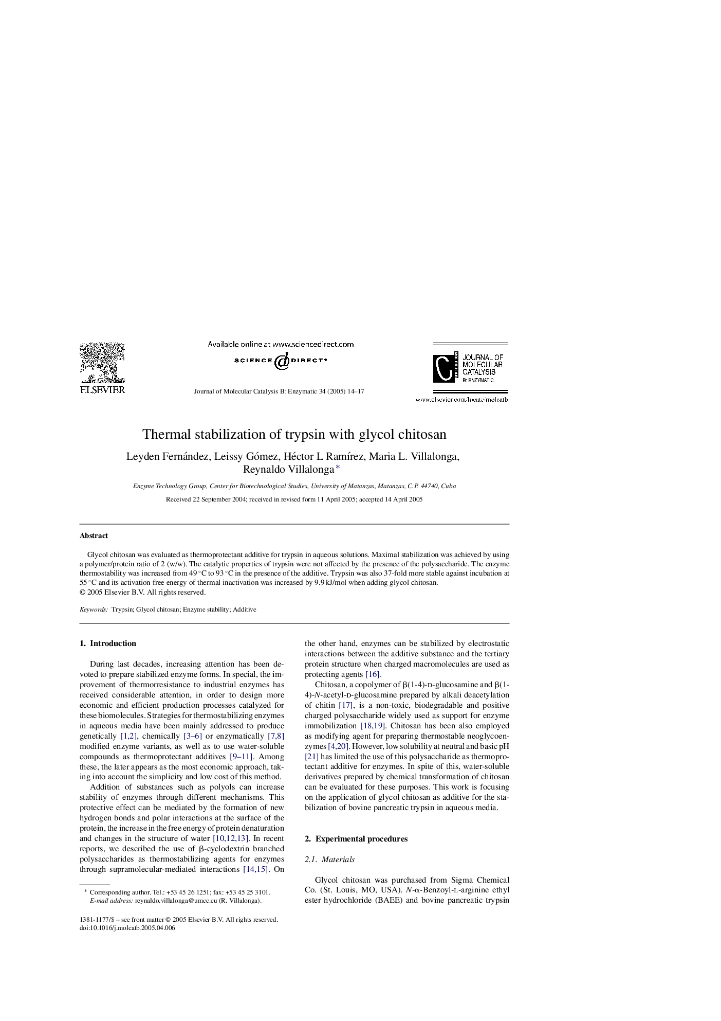 Thermal stabilization of trypsin with glycol chitosan