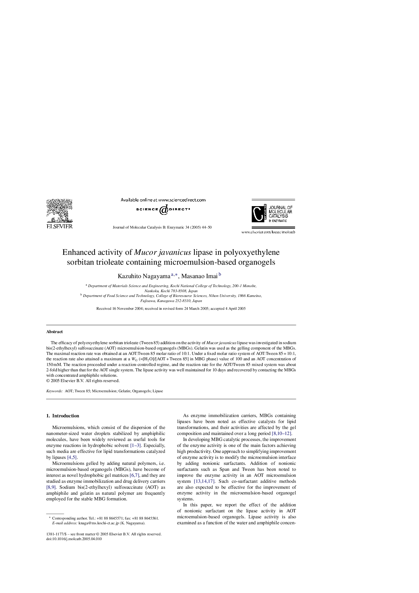 Enhanced activity of Mucor javanicus lipase in polyoxyethylene sorbitan trioleate containing microemulsion-based organogels