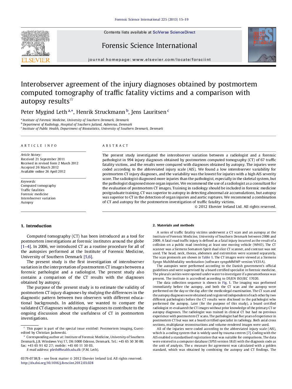 Interobserver agreement of the injury diagnoses obtained by postmortem computed tomography of traffic fatality victims and a comparison with autopsy results 