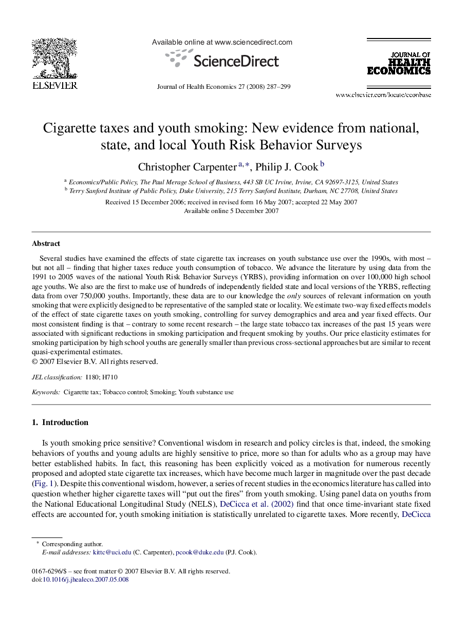 Cigarette taxes and youth smoking: New evidence from national, state, and local Youth Risk Behavior Surveys