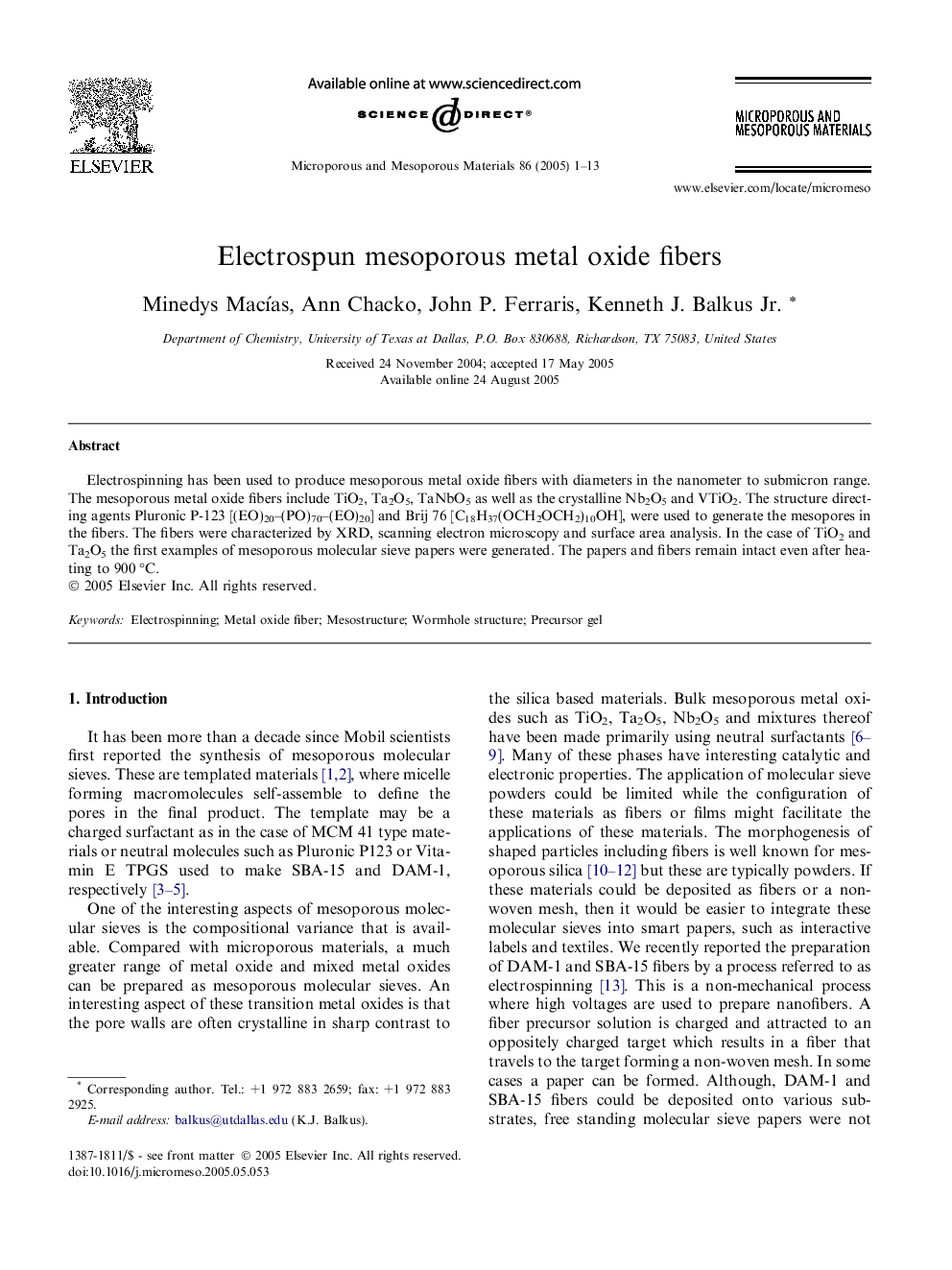 Electrospun mesoporous metal oxide fibers