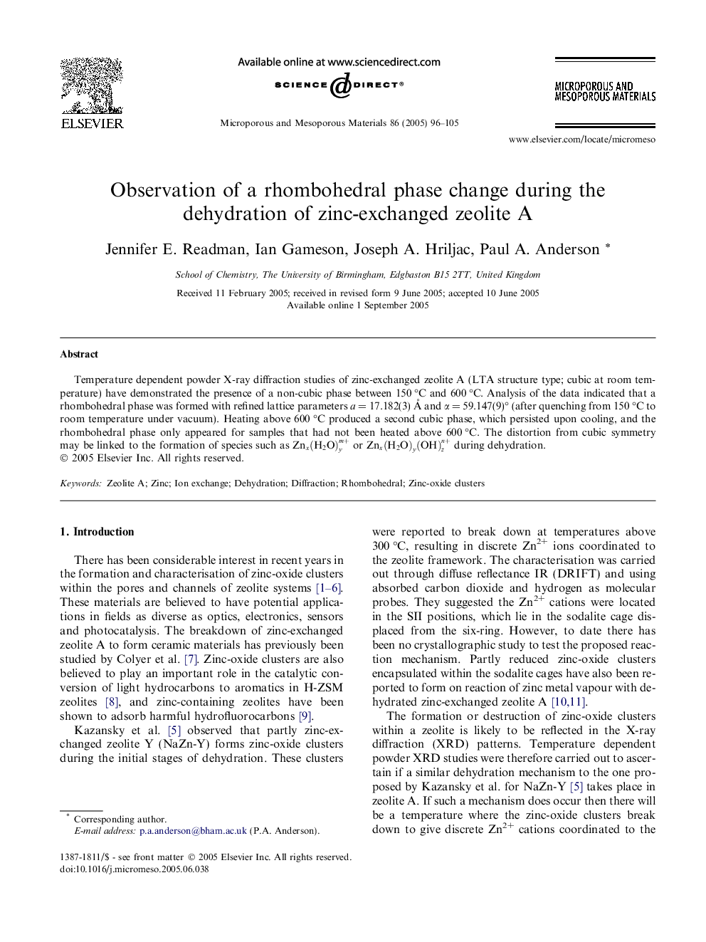 Observation of a rhombohedral phase change during the dehydration of zinc-exchanged zeolite A