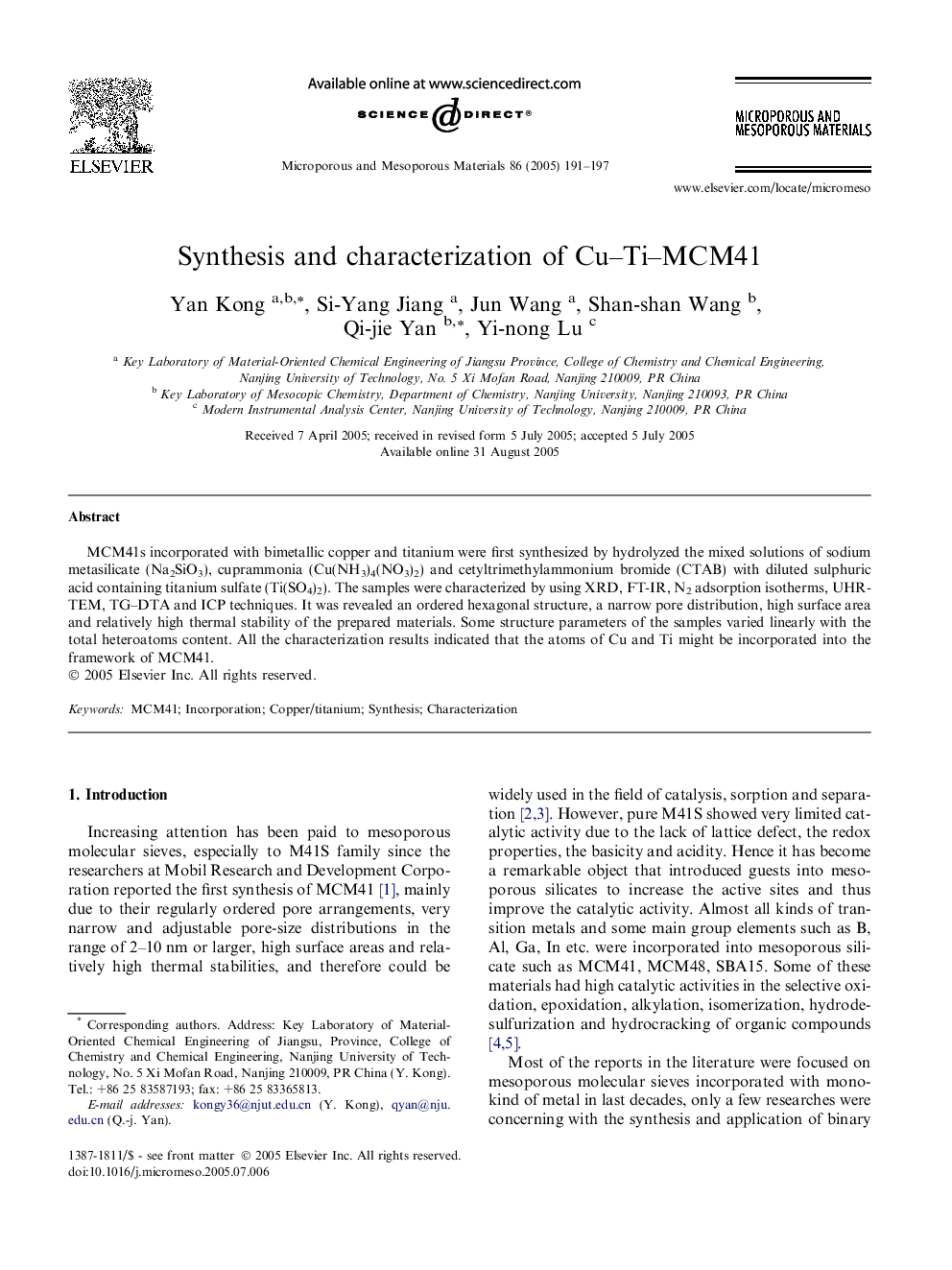 Synthesis and characterization of Cu-Ti-MCM41