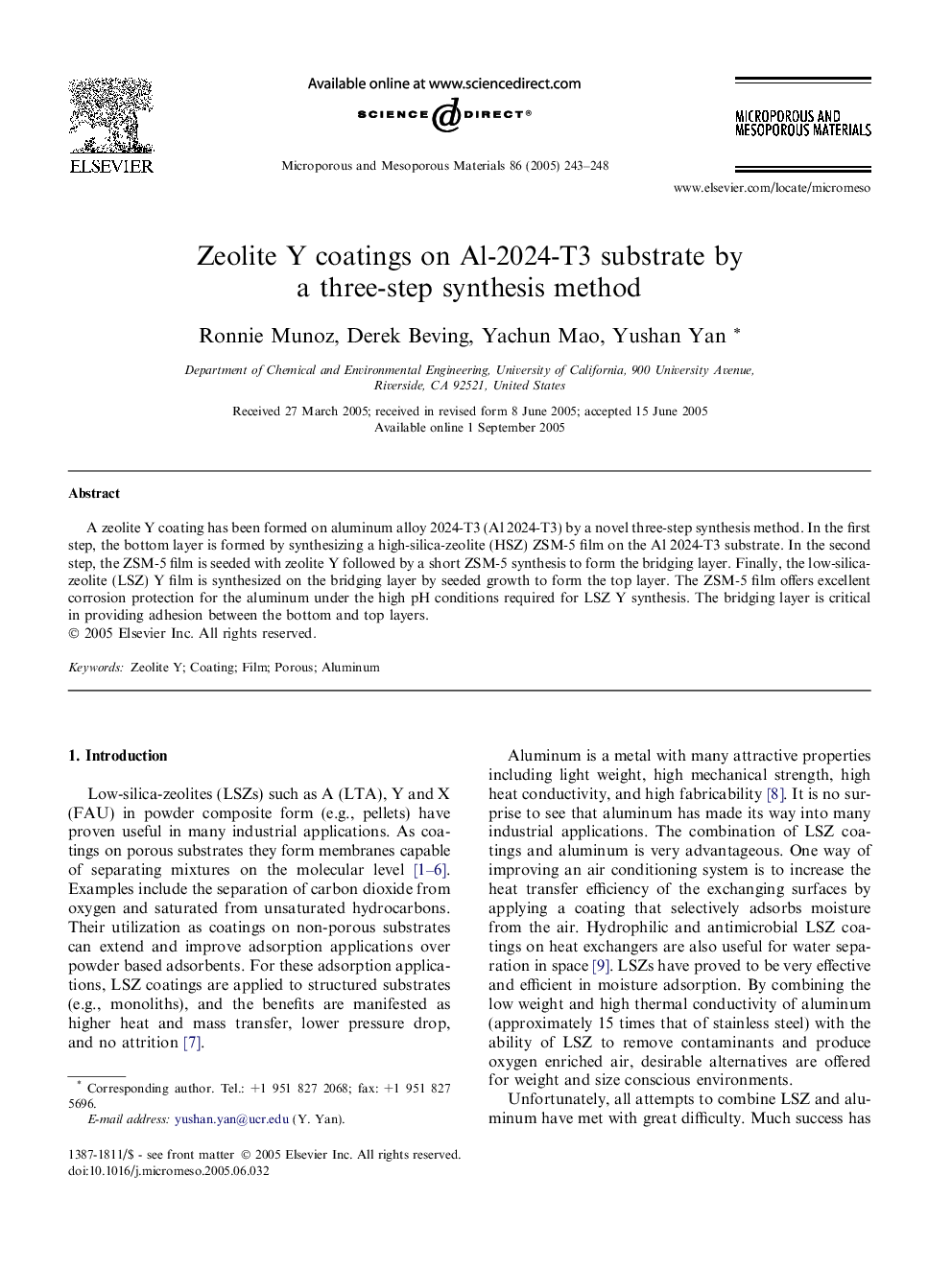 Zeolite Y coatings on Al-2024-T3 substrate by a three-step synthesis method