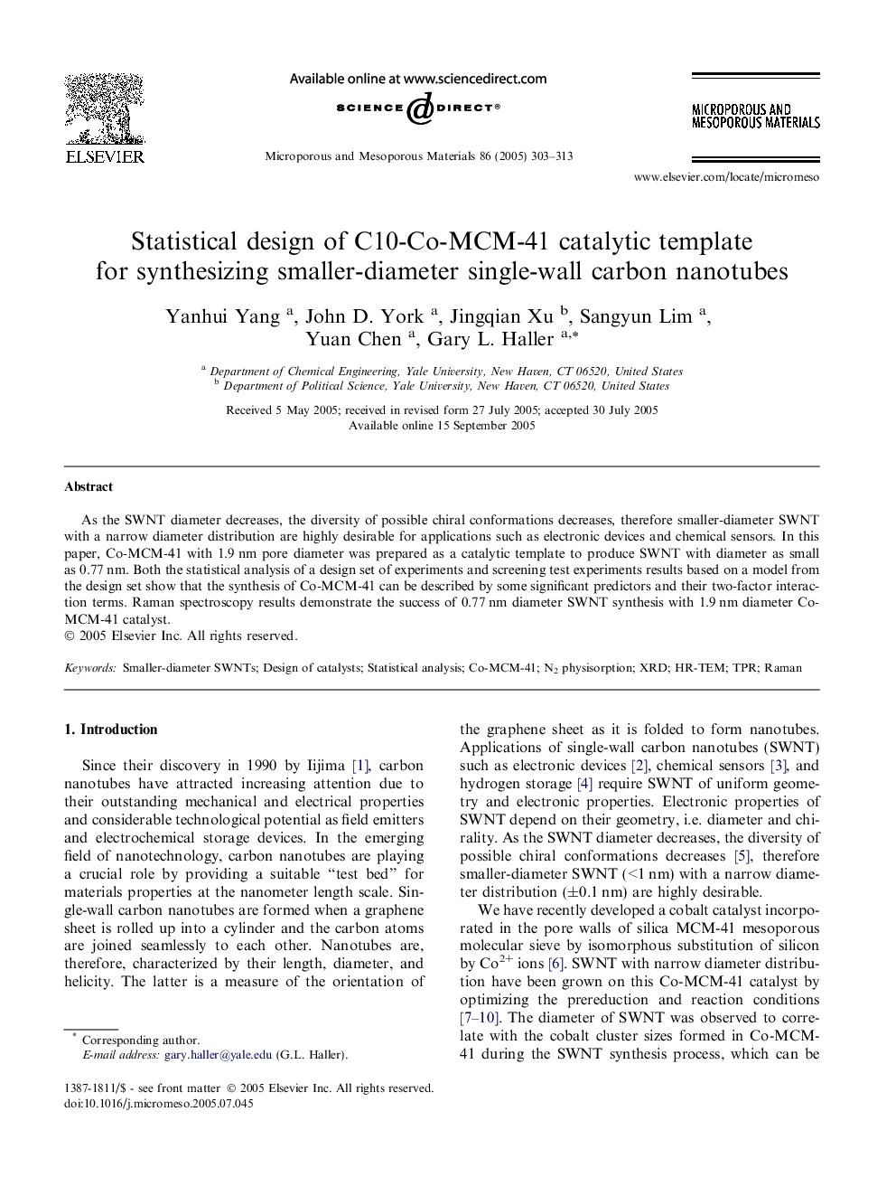 Statistical design of C10-Co-MCM-41 catalytic template for synthesizing smaller-diameter single-wall carbon nanotubes