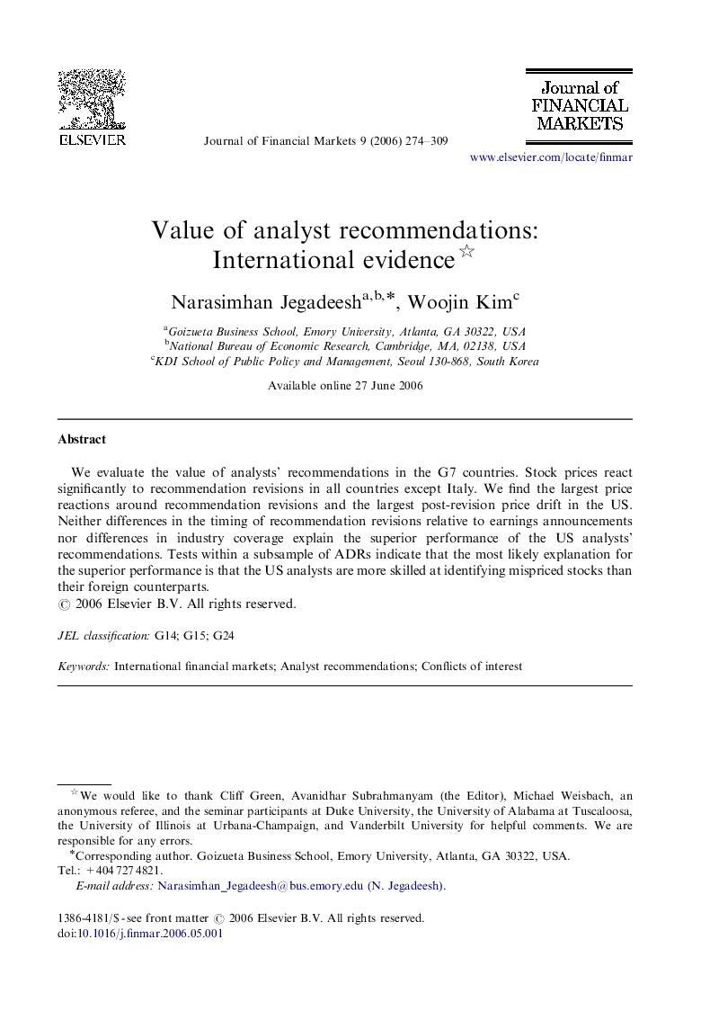 Value of analyst recommendations: International evidence