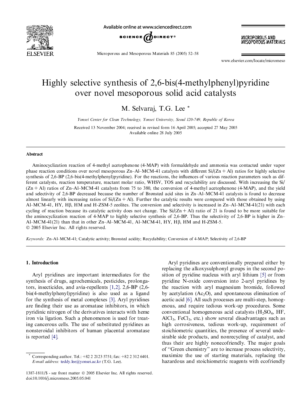 Highly selective synthesis of 2,6-bis(4-methylphenyl)pyridine over novel mesoporous solid acid catalysts