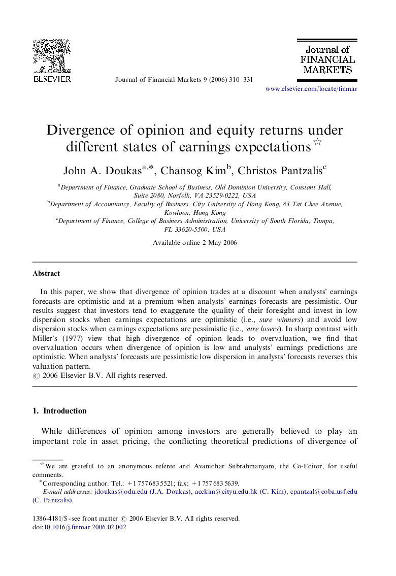 Divergence of opinion and equity returns under different states of earnings expectations