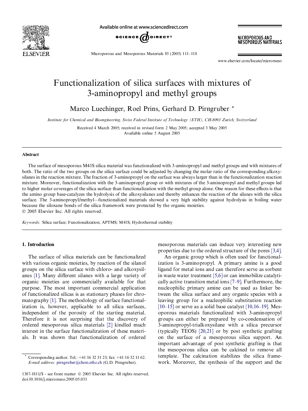 Functionalization of silica surfaces with mixtures of 3-aminopropyl and methyl groups