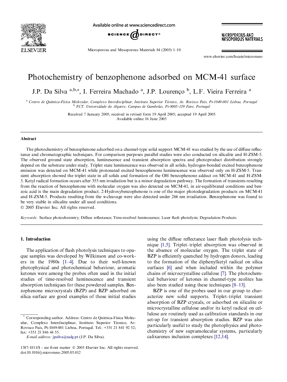 Photochemistry of benzophenone adsorbed on MCM-41 surface