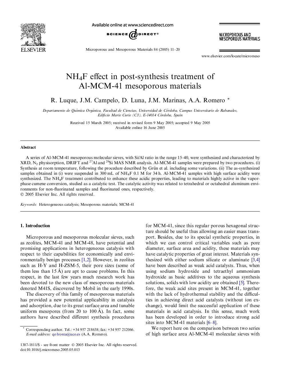 NH4F effect in post-synthesis treatment of Al-MCM-41 mesoporous materials