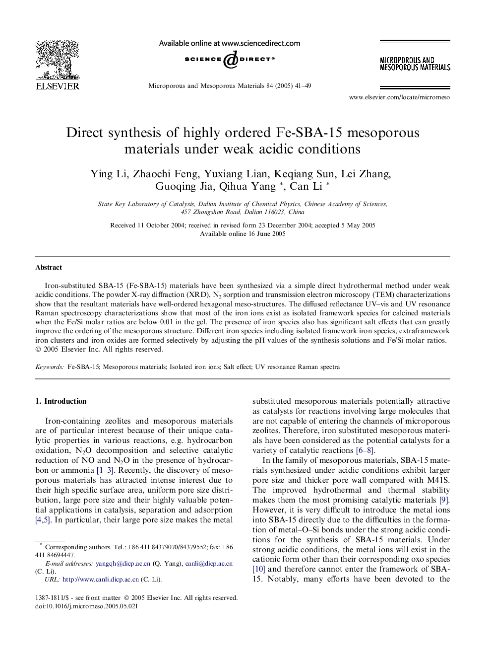 Direct synthesis of highly ordered Fe-SBA-15 mesoporous materials under weak acidic conditions