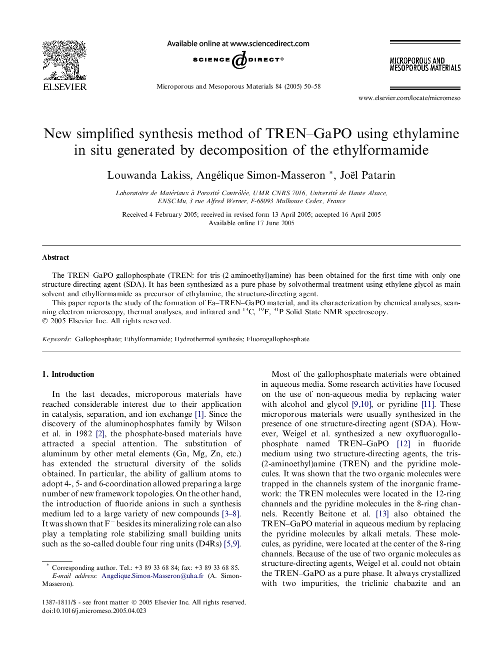 New simplified synthesis method of TREN-GaPO using ethylamine in situ generated by decomposition of the ethylformamide