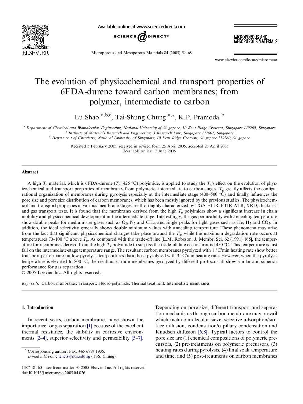 The evolution of physicochemical and transport properties of 6FDA-durene toward carbon membranes; from polymer, intermediate to carbon