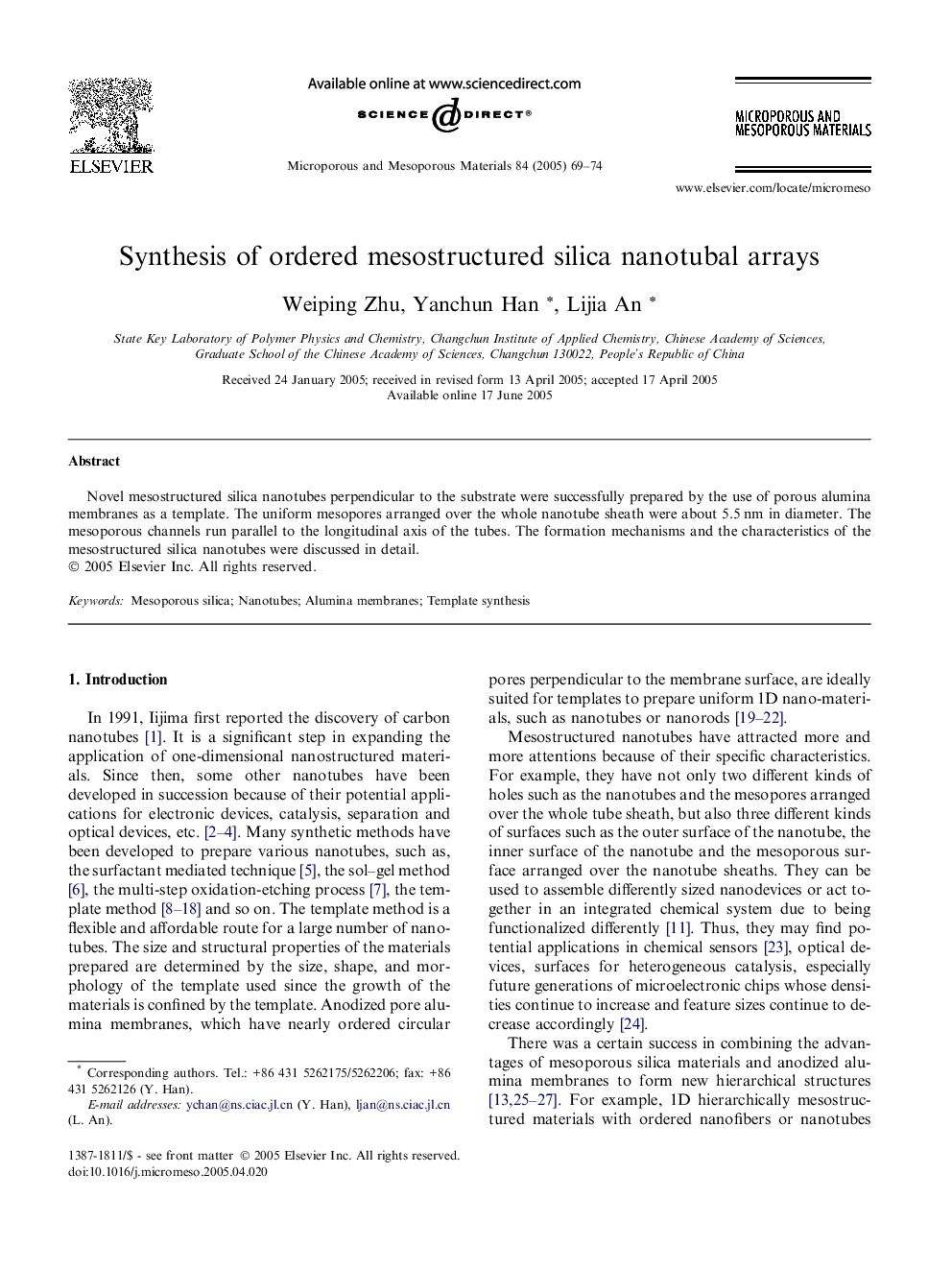 Synthesis of ordered mesostructured silica nanotubal arrays