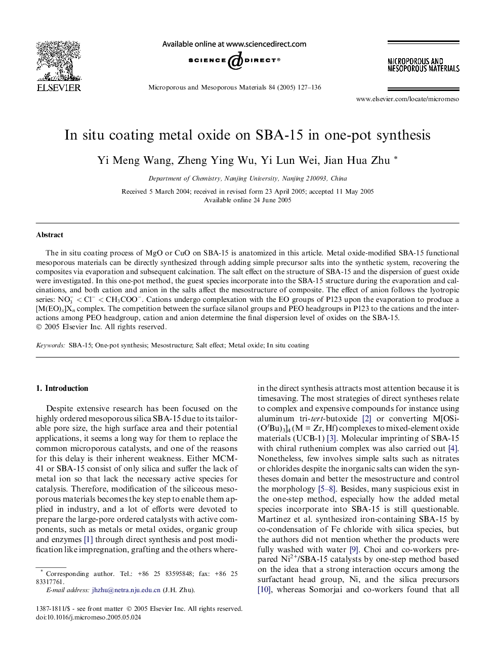 In situ coating metal oxide on SBA-15 in one-pot synthesis