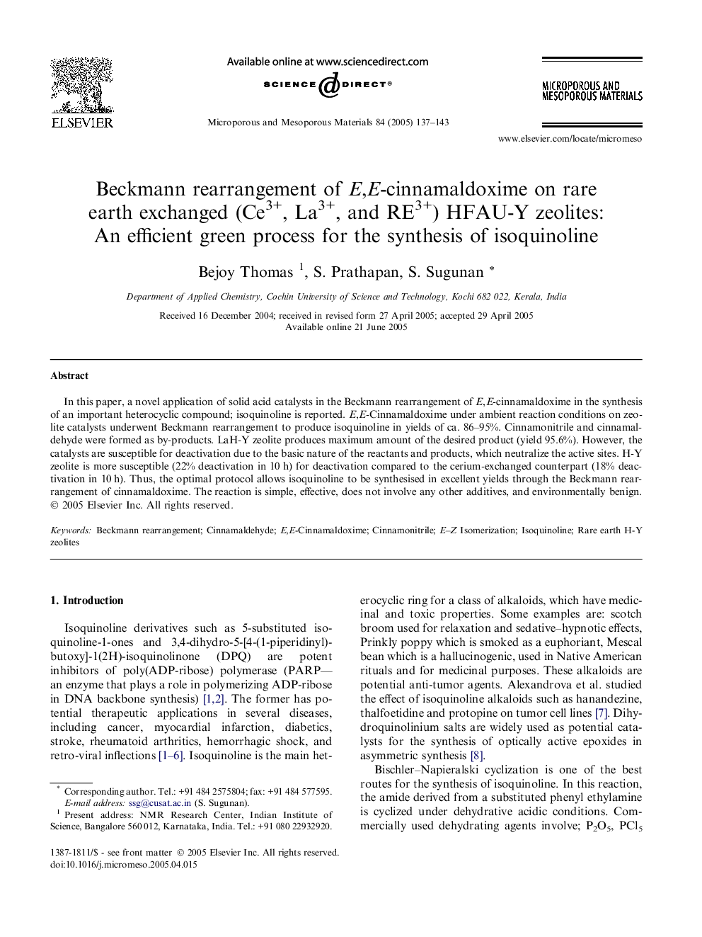 عکس صفحه اول مقاله: Beckmann rearrangement of E,E-cinnamaldoxime on rare earth exchanged (Ce3+, La3+, and RE3+) HFAU-Y zeolites: An efficient green process for the synthesis of isoquinoline Beckmann rearrangement of E,E-cinnamaldoxime on rare earth exchanged (Ce3+, La3+, and RE3+) HFAU-Y zeolites: An efficient green process for the synthesis of isoquinoline