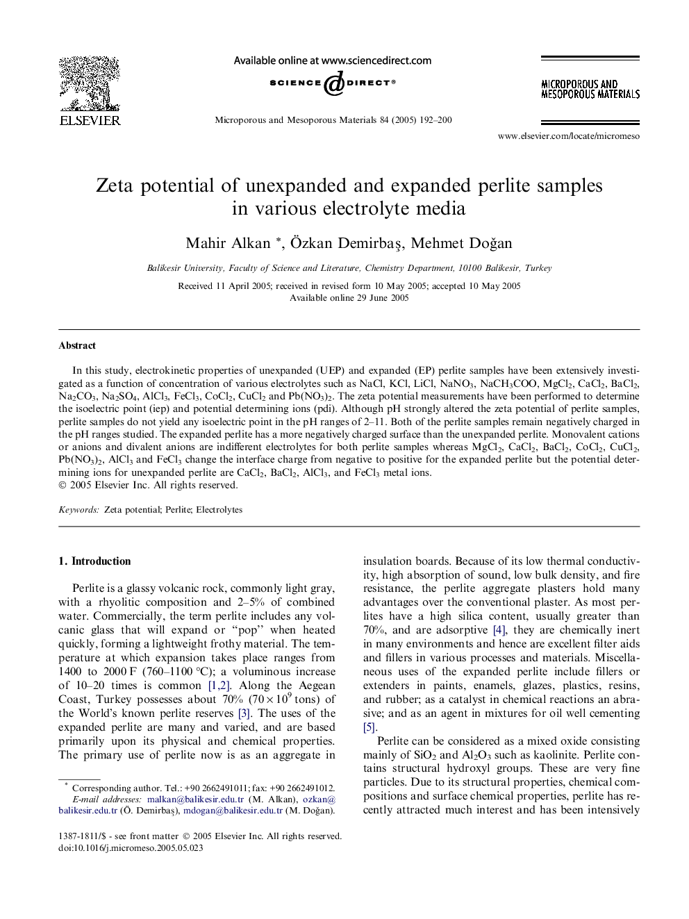 Zeta potential of unexpanded and expanded perlite samples in various electrolyte media