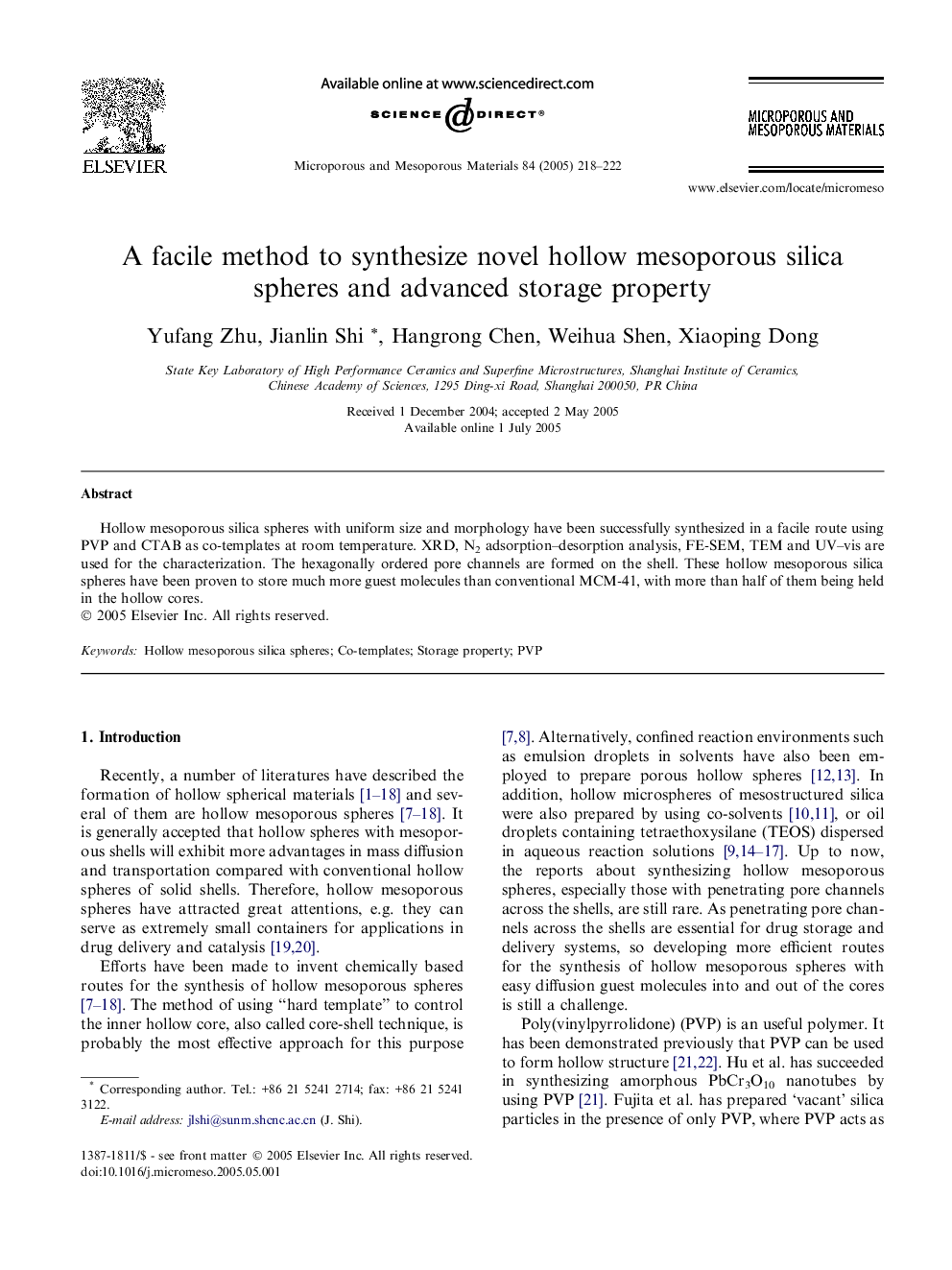 A facile method to synthesize novel hollow mesoporous silica spheres and advanced storage property