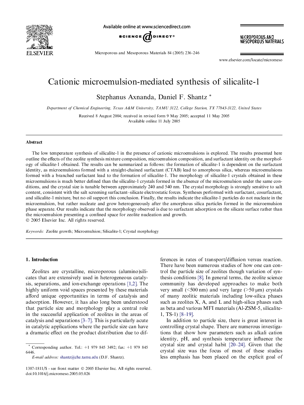 Cationic microemulsion-mediated synthesis of silicalite-1