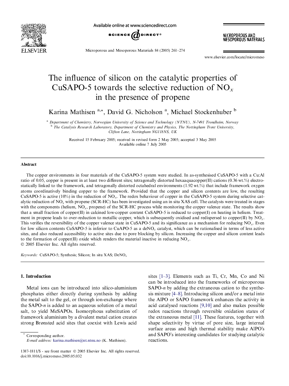 The influence of silicon on the catalytic properties of CuSAPO-5 towards the selective reduction of NOx in the presence of propene