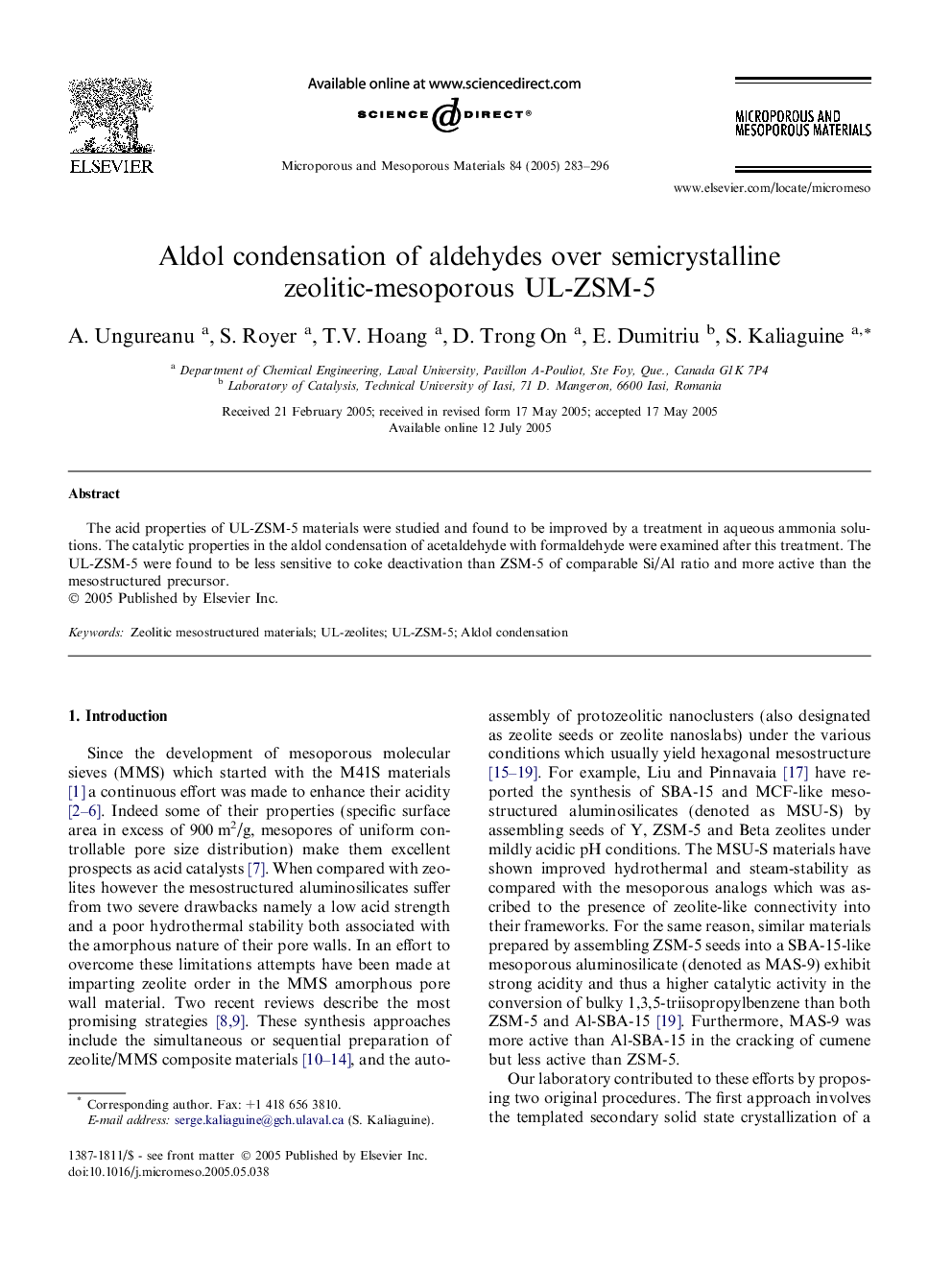 Aldol condensation of aldehydes over semicrystalline zeolitic-mesoporous UL-ZSM-5