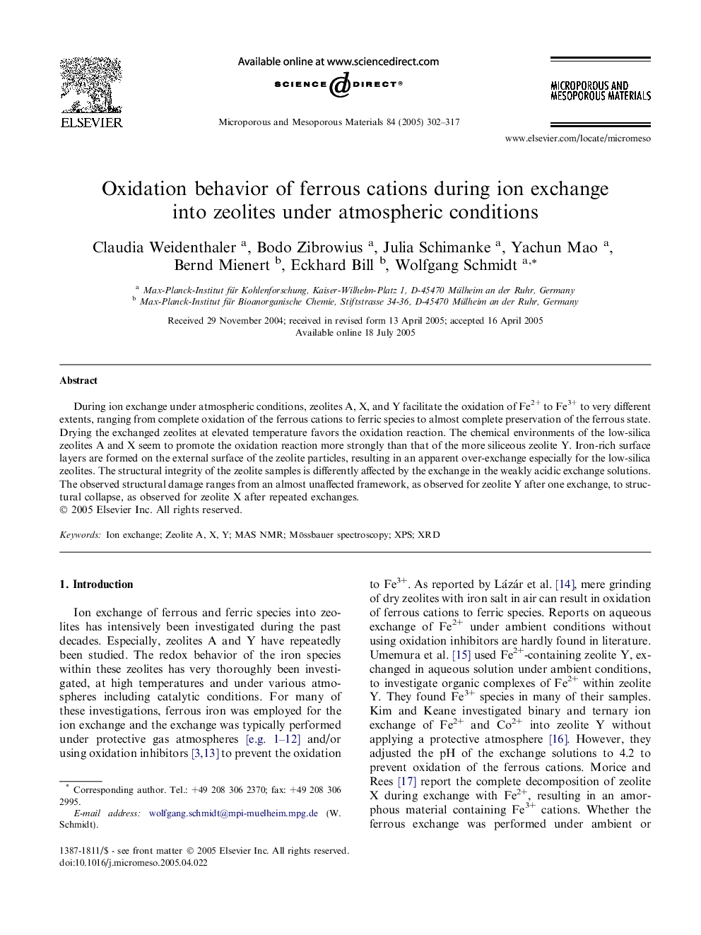 Oxidation behavior of ferrous cations during ion exchange into zeolites under atmospheric conditions