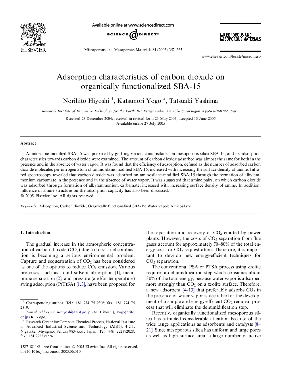 Adsorption characteristics of carbon dioxide on organically functionalized SBA-15