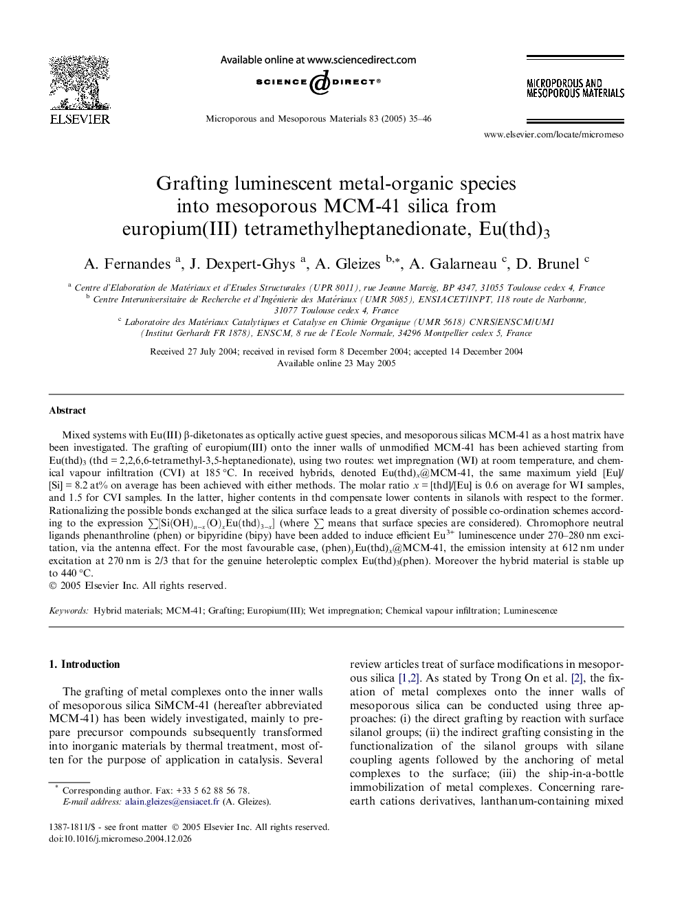 Grafting luminescent metal-organic species into mesoporous MCM-41 silica from europium(III) tetramethylheptanedionate, Eu(thd)3