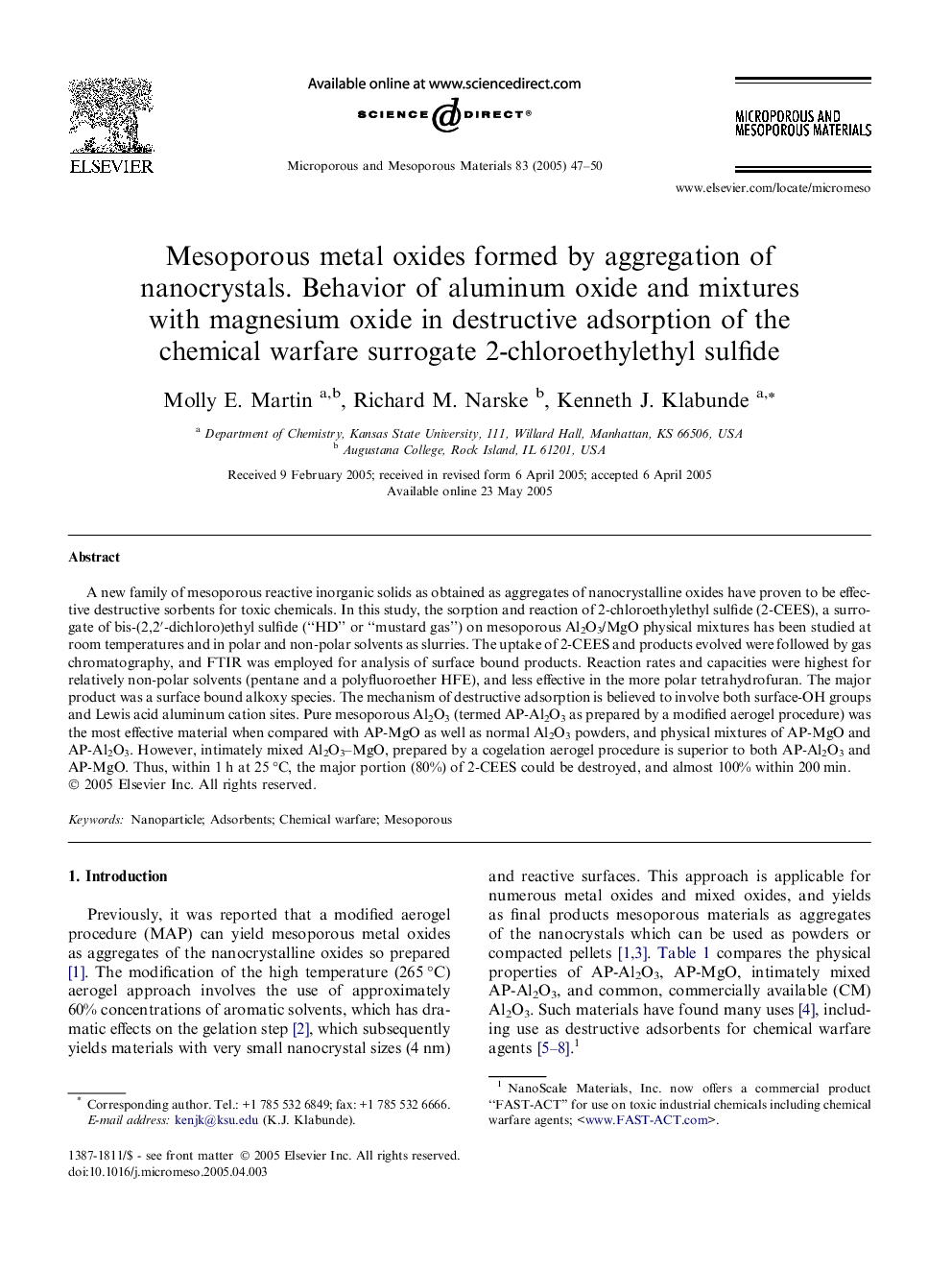 Mesoporous metal oxides formed by aggregation of nanocrystals. Behavior of aluminum oxide and mixtures with magnesium oxide in destructive adsorption of the chemical warfare surrogate 2-chloroethylethyl sulfide