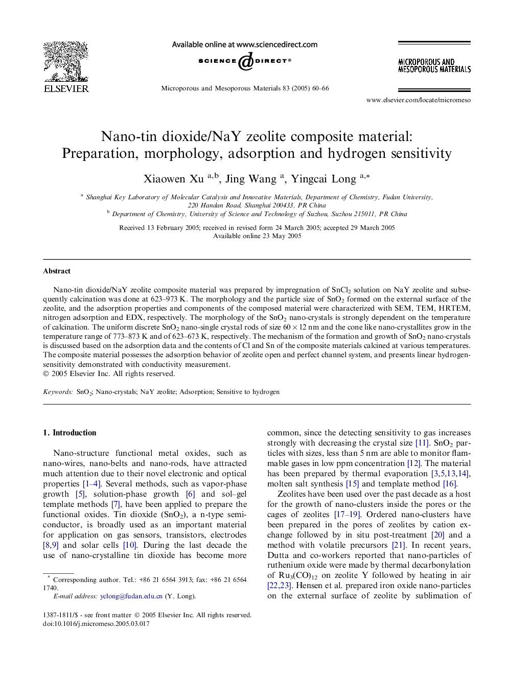 Nano-tin dioxide/NaY zeolite composite material: Preparation, morphology, adsorption and hydrogen sensitivity