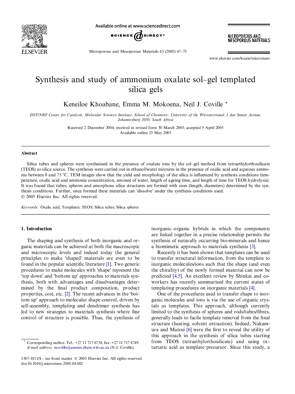 Synthesis and study of ammonium oxalate sol-gel templated silica gels