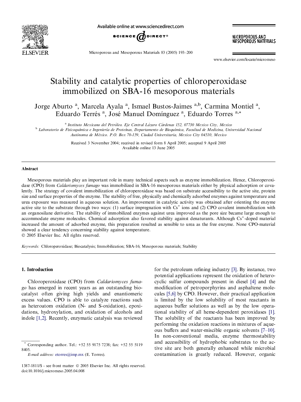 Stability and catalytic properties of chloroperoxidase immobilized on SBA-16 mesoporous materials