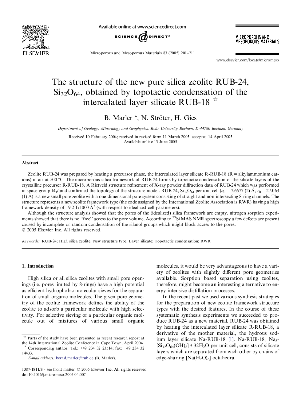 The structure of the new pure silica zeolite RUB-24, Si32O64, obtained by topotactic condensation of the intercalated layer silicate RUB-18