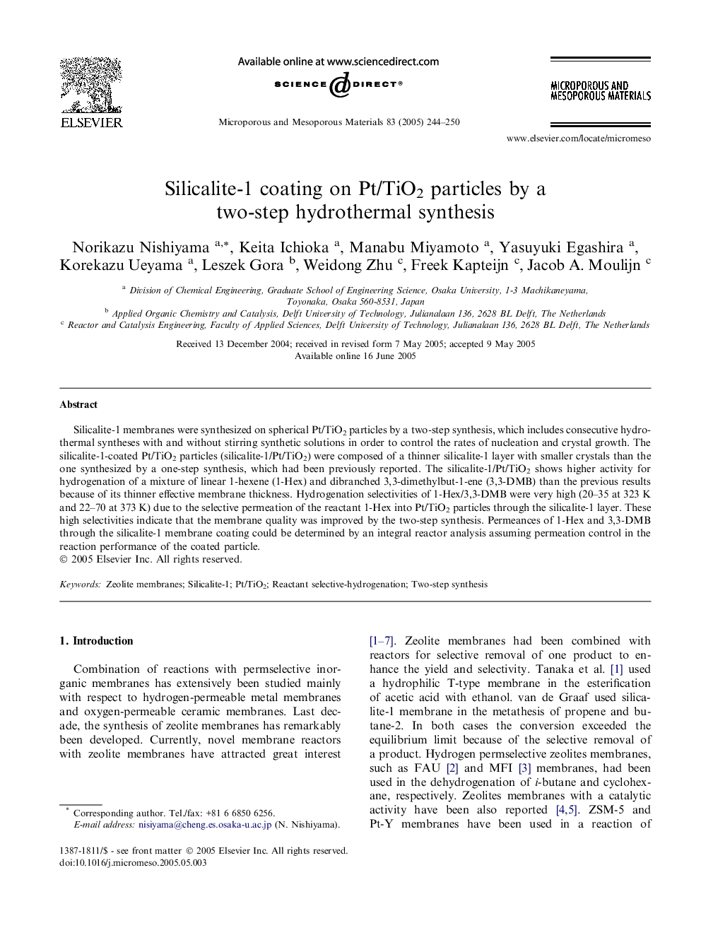 Silicalite-1 coating on Pt/TiO2 particles by a two-step hydrothermal synthesis