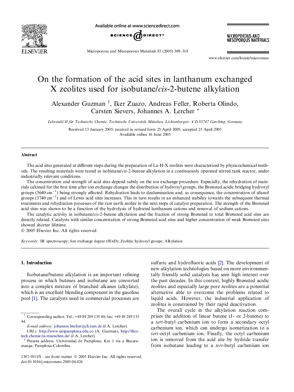 On the formation of the acid sites in lanthanum exchanged X zeolites used for isobutane/cis-2-butene alkylation