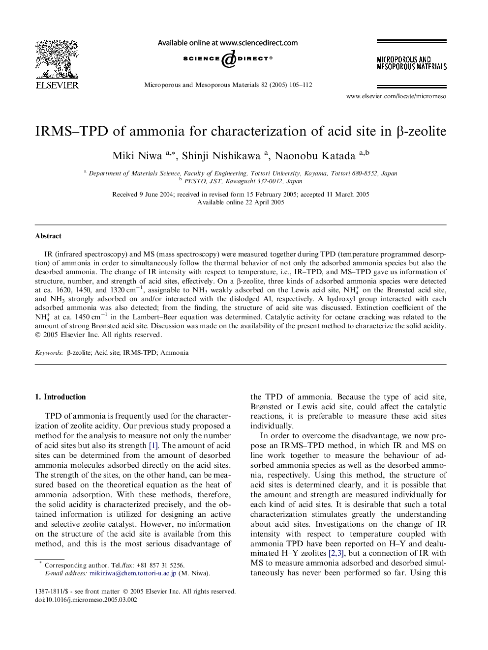 IRMS-TPD of ammonia for characterization of acid site in Î²-zeolite