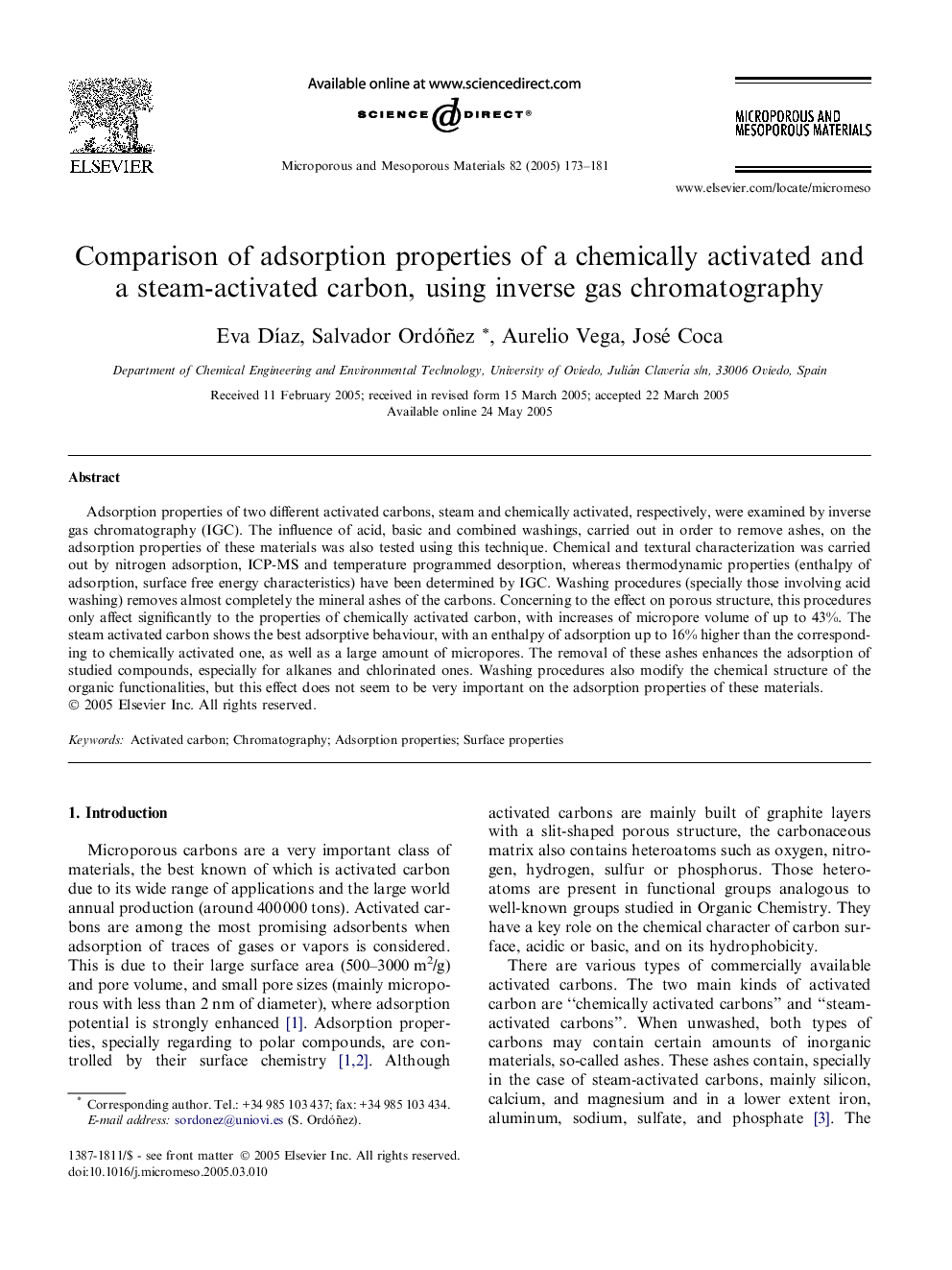 Comparison of adsorption properties of a chemically activated and a steam-activated carbon, using inverse gas chromatography