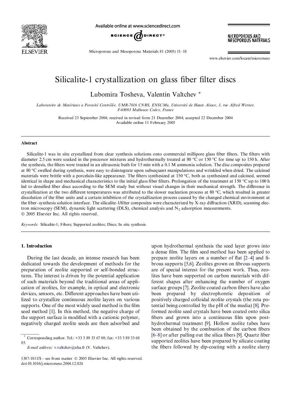 Silicalite-1 crystallization on glass fiber filter discs