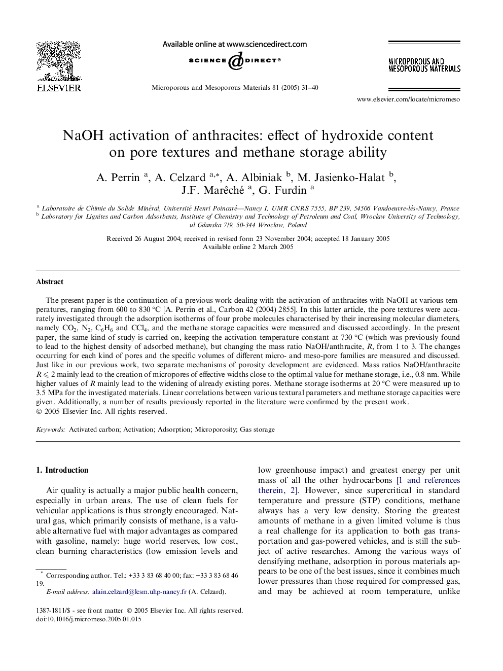 NaOH activation of anthracites: effect of hydroxide content on pore textures and methane storage ability