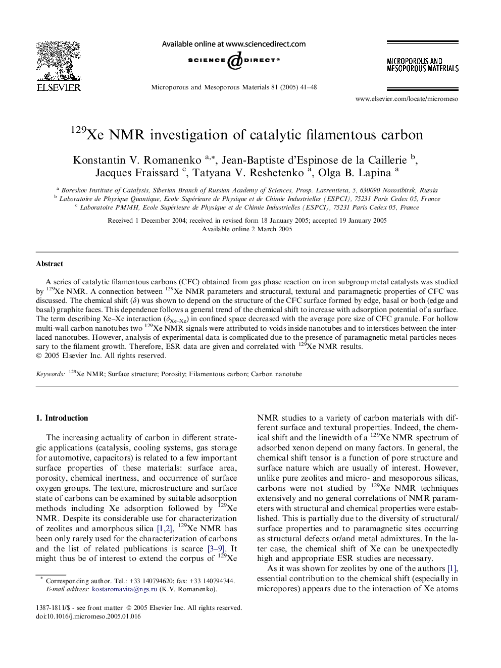 129Xe NMR investigation of catalytic filamentous carbon