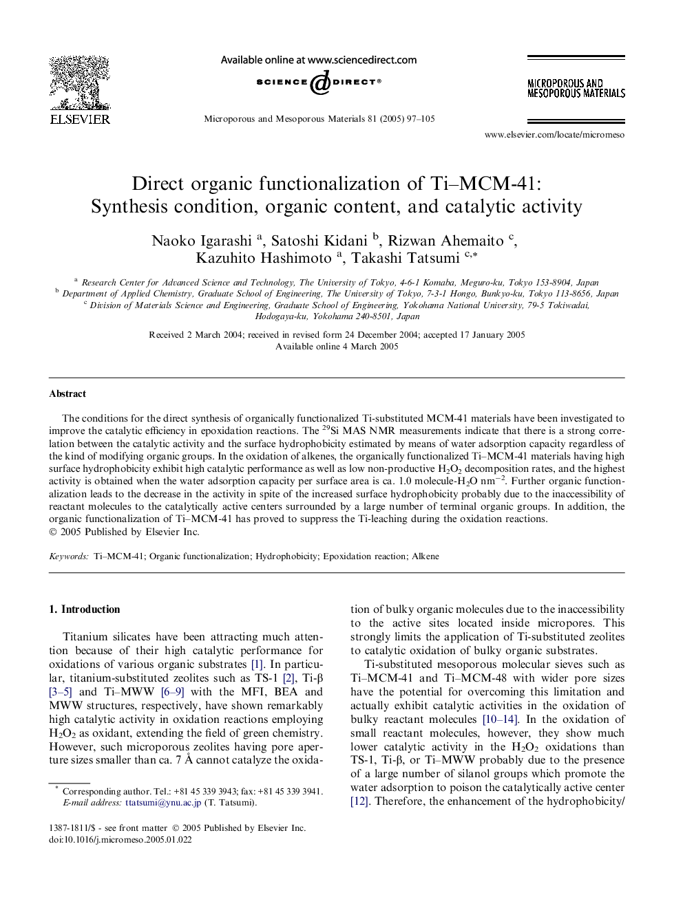 Direct organic functionalization of Ti-MCM-41: Synthesis condition, organic content, and catalytic activity