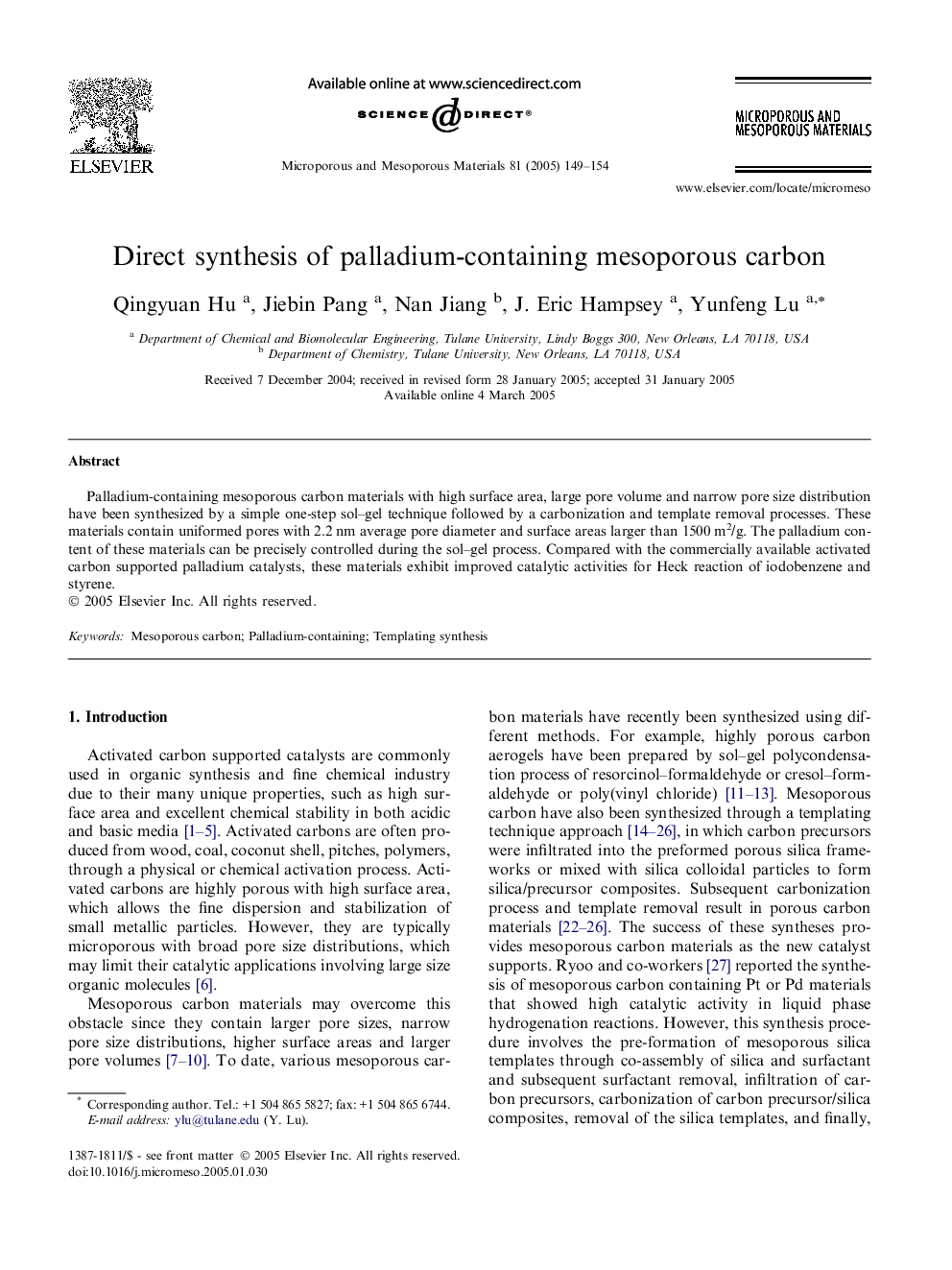 Direct synthesis of palladium-containing mesoporous carbon