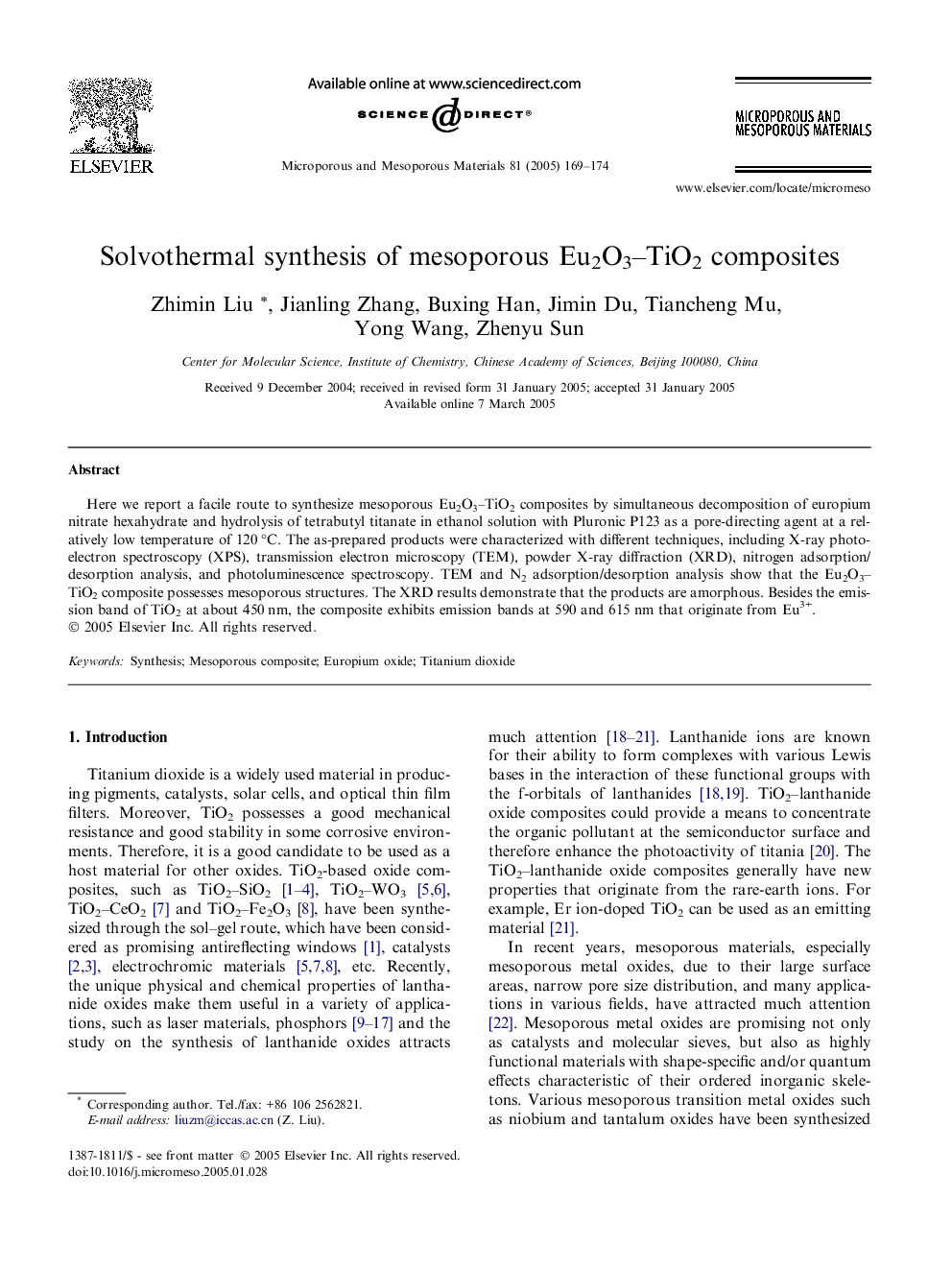 Solvothermal synthesis of mesoporous Eu2O3-TiO2 composites