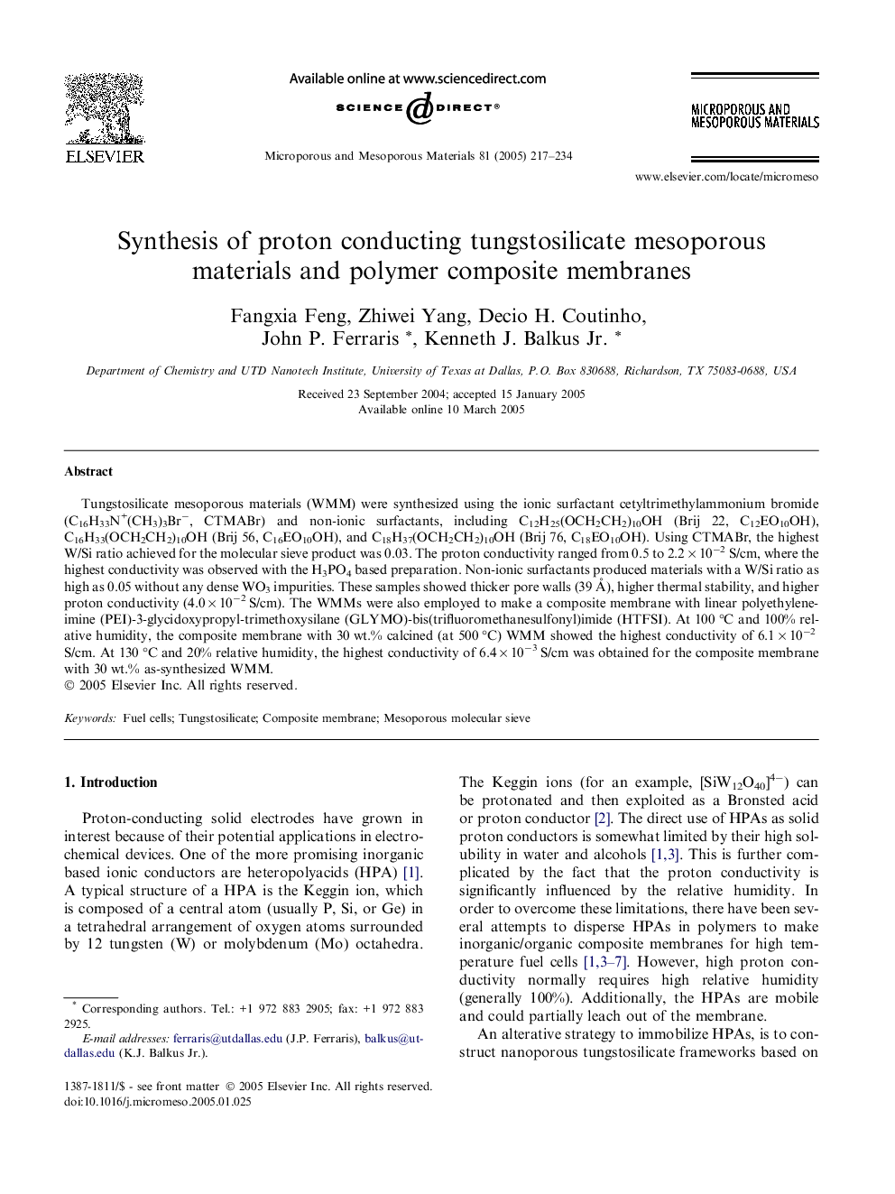 Synthesis of proton conducting tungstosilicate mesoporous materials and polymer composite membranes