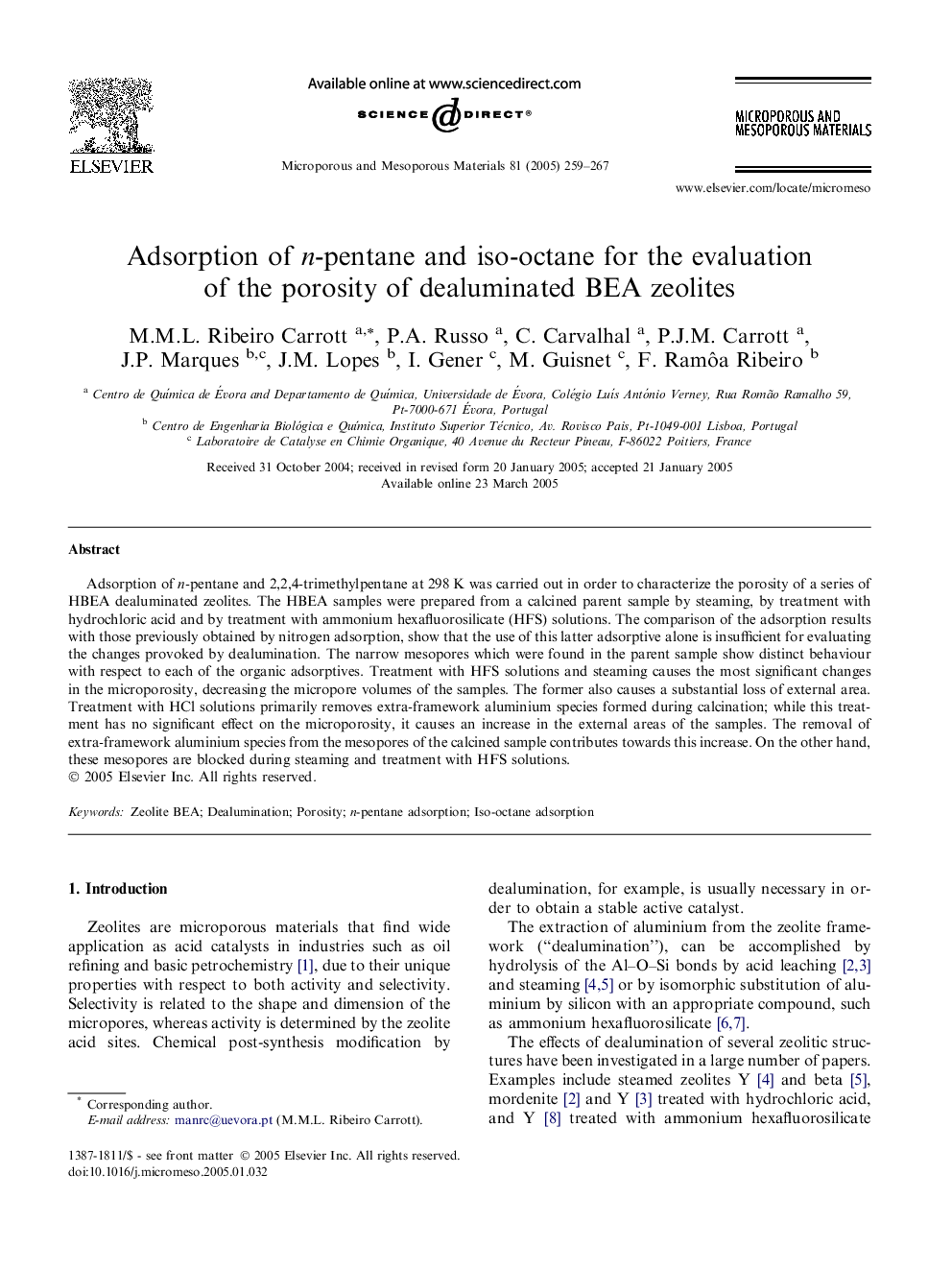 Adsorption of n-pentane and iso-octane for the evaluation of the porosity of dealuminated BEA zeolites