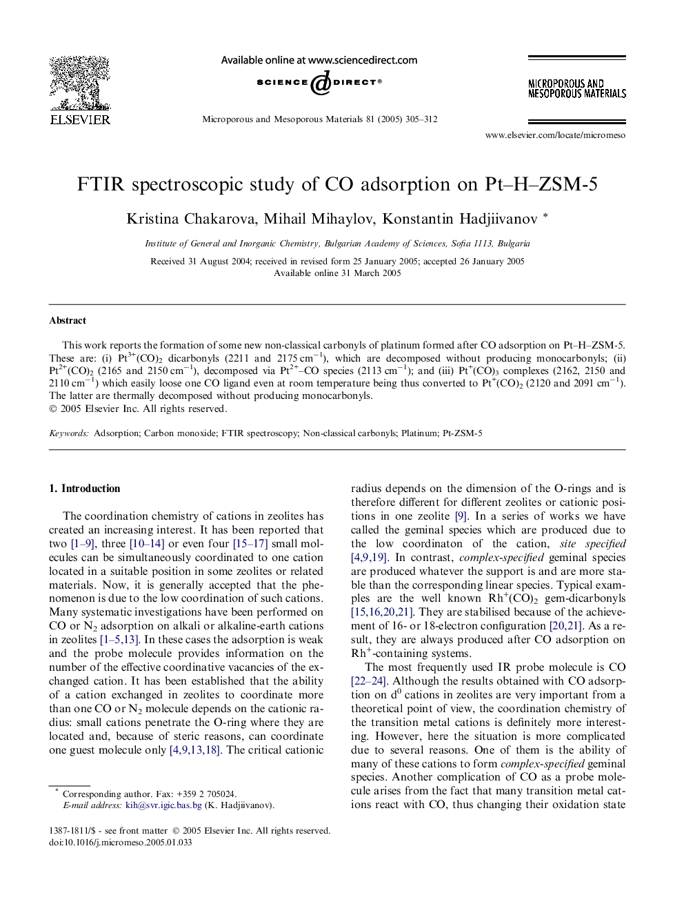 FTIR spectroscopic study of CO adsorption on Pt-H-ZSM-5