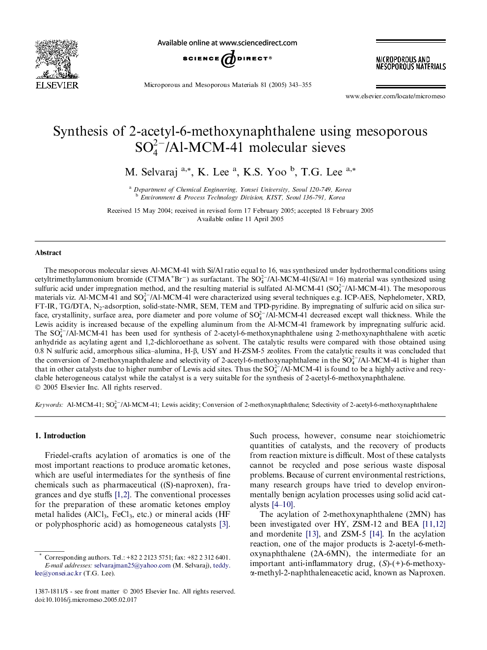 Synthesis of 2-acetyl-6-methoxynaphthalene using mesoporous SO42-/Al-MCM-41 molecular sieves