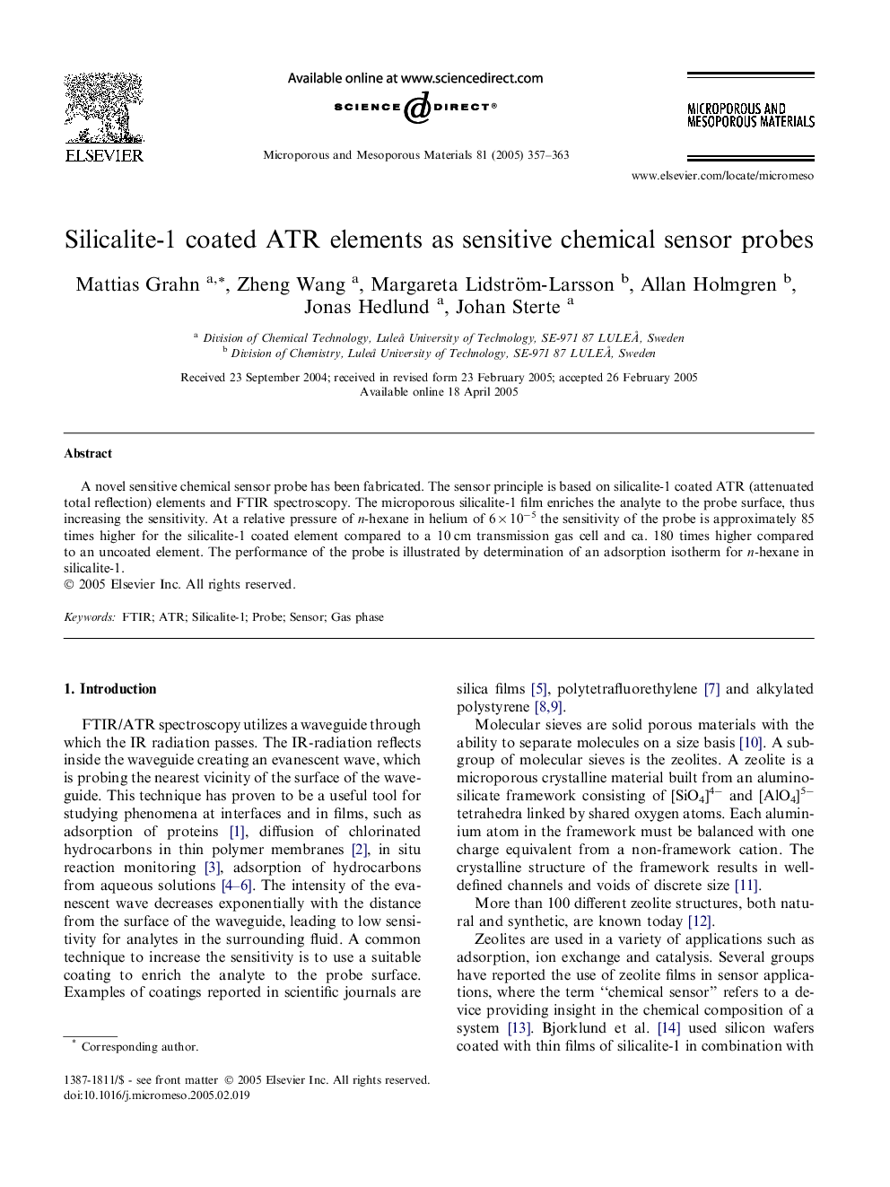 Silicalite-1 coated ATR elements as sensitive chemical sensor probes